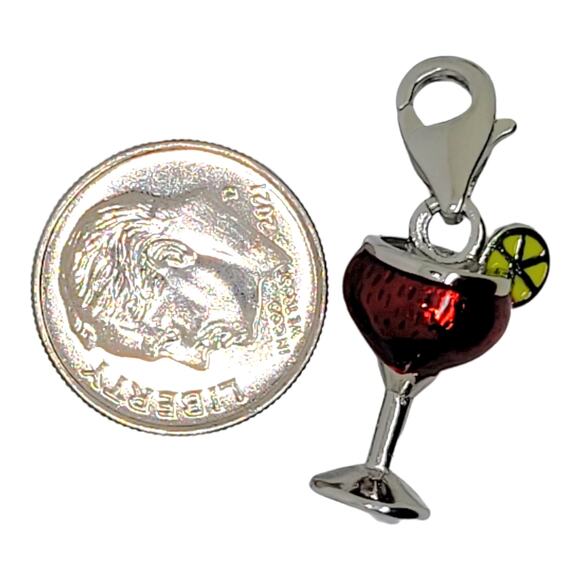 Rhodium Plated 925 Sterling Silver Cocktail Glass Multicolor Enamel Charm - Picture 2 of 4